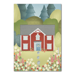 Red Swedish house with white trim, flower garden, pastoral landscape illustration, cottage style art print.