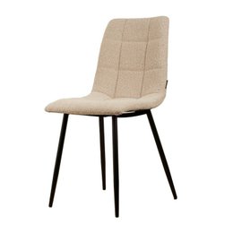 Beige boucle upholstered dining chair with black metal legs.