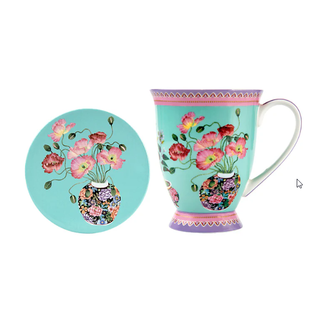M&W Jardin Mug 300ml & Coaster, Poppy Blue, giftbox