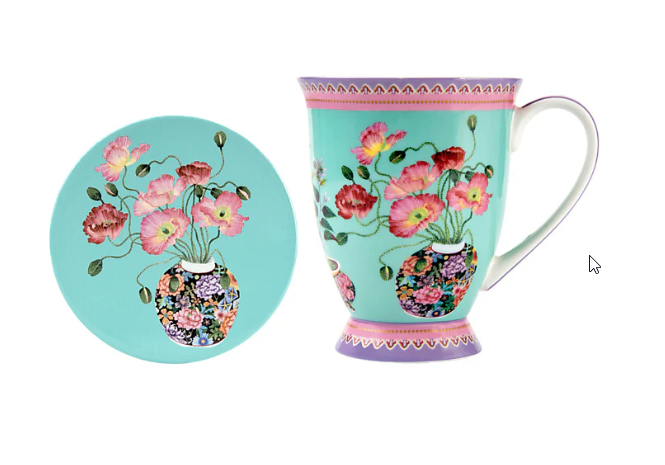 M&W Jardin Mug 300ml & Coaster, Poppy Blue, giftbox
