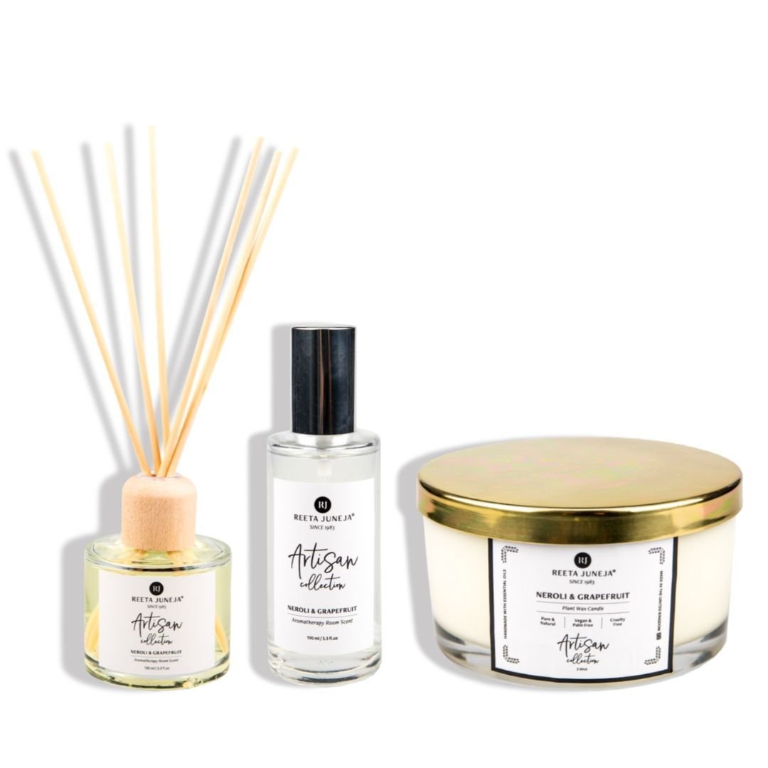 Bougie pour la maison de luxe au néroli et au pamplemousse, roseaux d'aromathérapie et vaporisateur d'ambiance