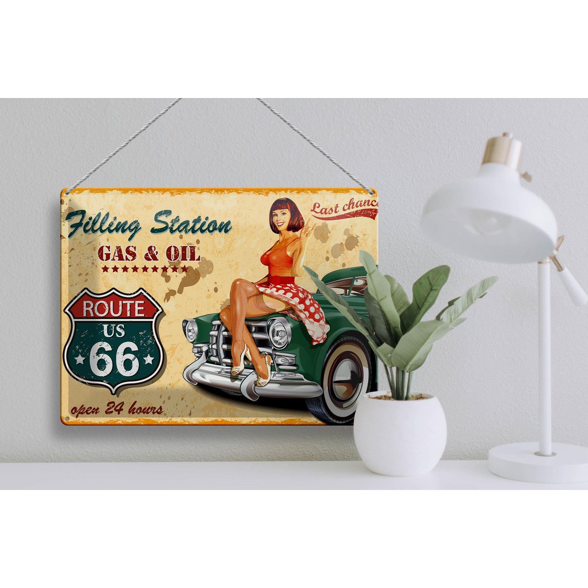 Blechschild Pinup 40x30cm Retro Gas Oil open 24 hours
