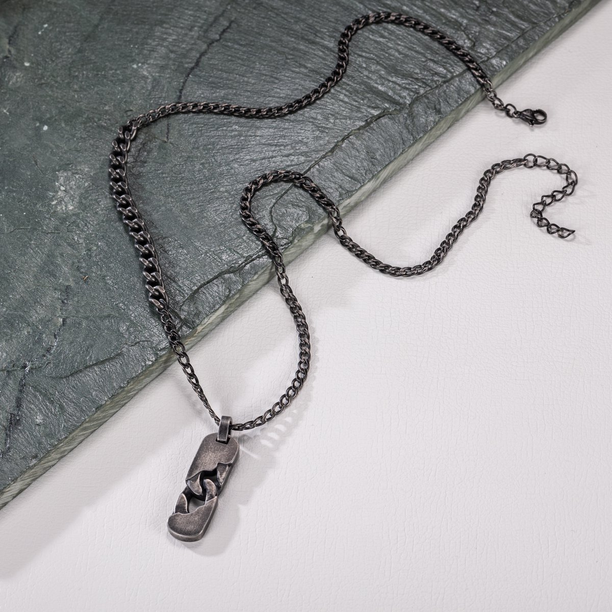 Men's Stainless Steel Chain Necklace with Textured Pendant