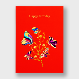 Vibrant red birthday card with colorful butterfly and floral design. Features gold foil accents.