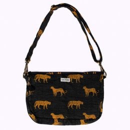 Black shoulder bag with leopard print pattern, adjustable strap, and zipper closure.