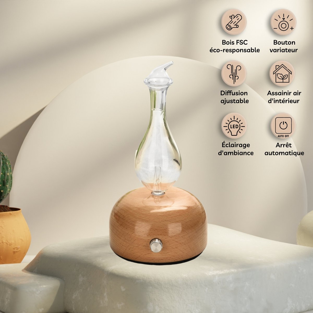 Nebulization diffuser - Aurora - wood and FSC glass - Sober and modern design - Timer function - Dimmer button - Decoration gift idea