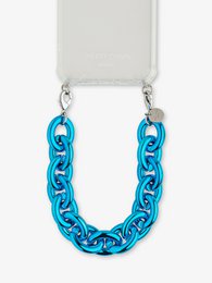 Chunky metallic lanyard in vibrant blue, pink, green, and purple colors with a bold chain-link design.