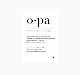 A6 postcard with the text "O·pa" and a simple definition of the term. The postcard has a minimalist, typographic design with a heart symbol at the bottom.