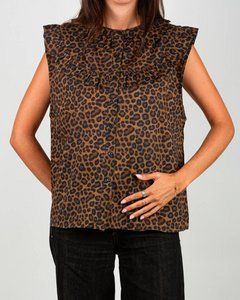 Women's sleeveless blouse with brown Leopard ruffles