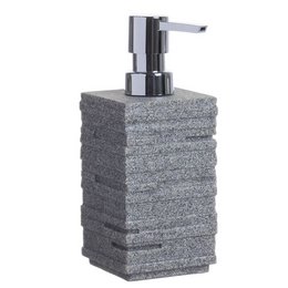 Gray stone-like soap dispenser with a chrome pump. Rectangular shape with a textured surface.