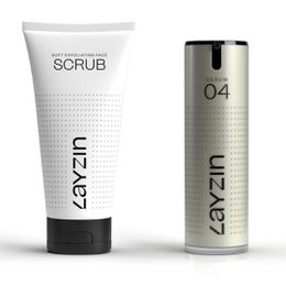 A skin repair scrub and serum set in a white and silver packaging, designed for facial care.