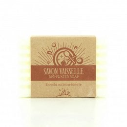 Dishwashing soap with bicarbonate, 120g. Rectangular yellow bar soap with a red label featuring a sun design.