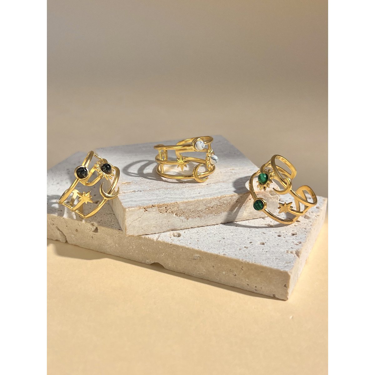 Moon, star and sun adjustable ring with stone