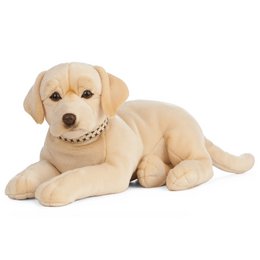 Soft, plush golden retriever puppy plush toy with a collar. Realistic details and features like a friendly facial expression and fluffy fur.