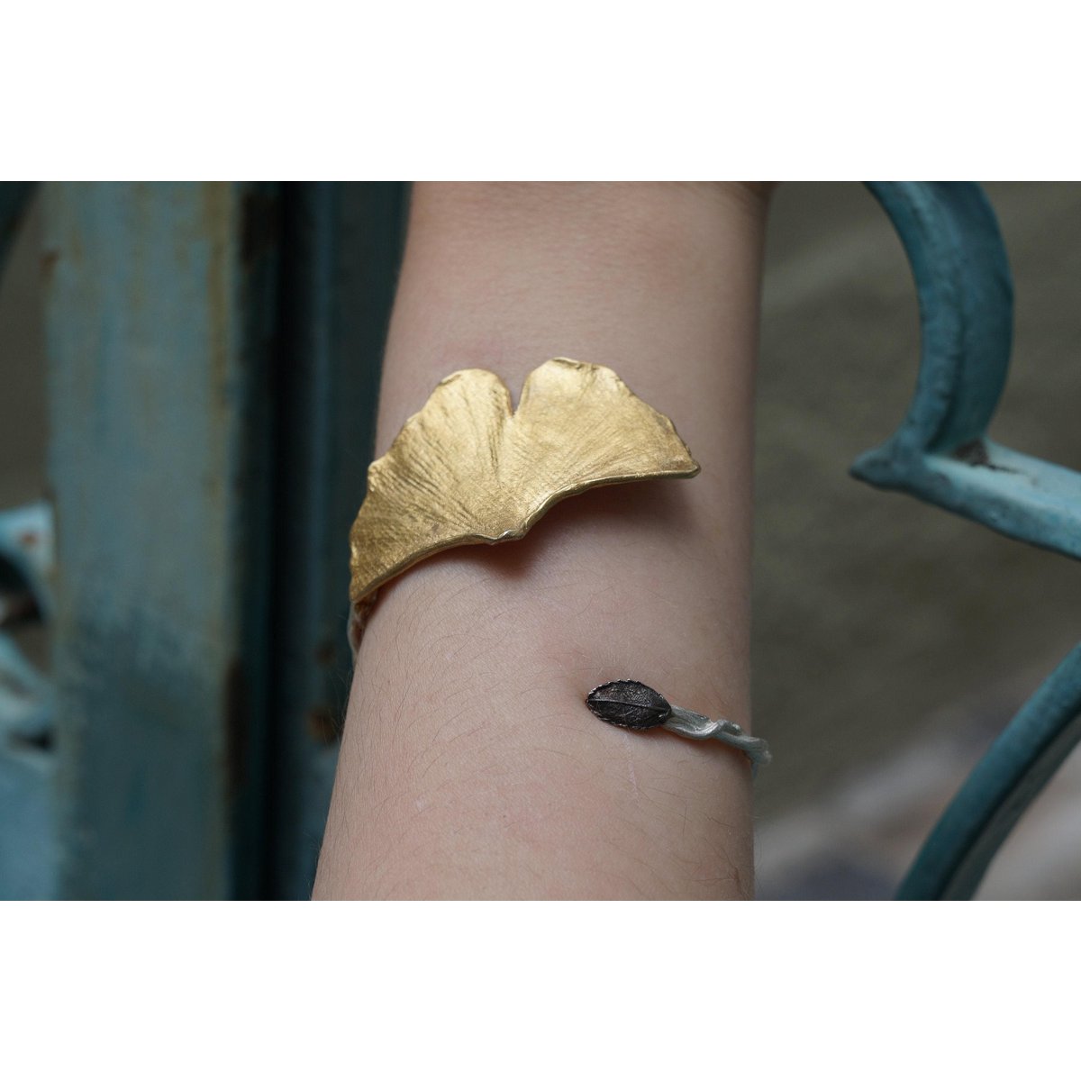 Nature-Inspired Silver Cuff Bracelet, Ginkgo Leaf with Rose Accent (Adjustable)