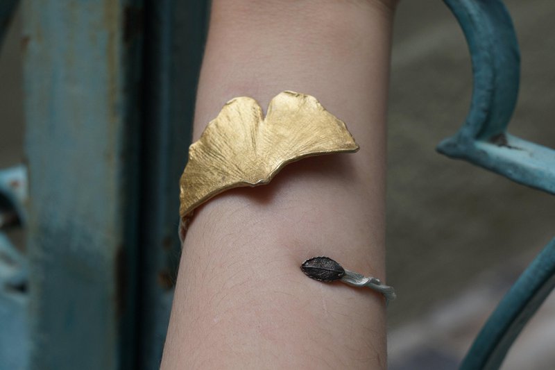Nature-Inspired Silver Cuff Bracelet, Ginkgo Leaf with Rose Accent (Adjustable)