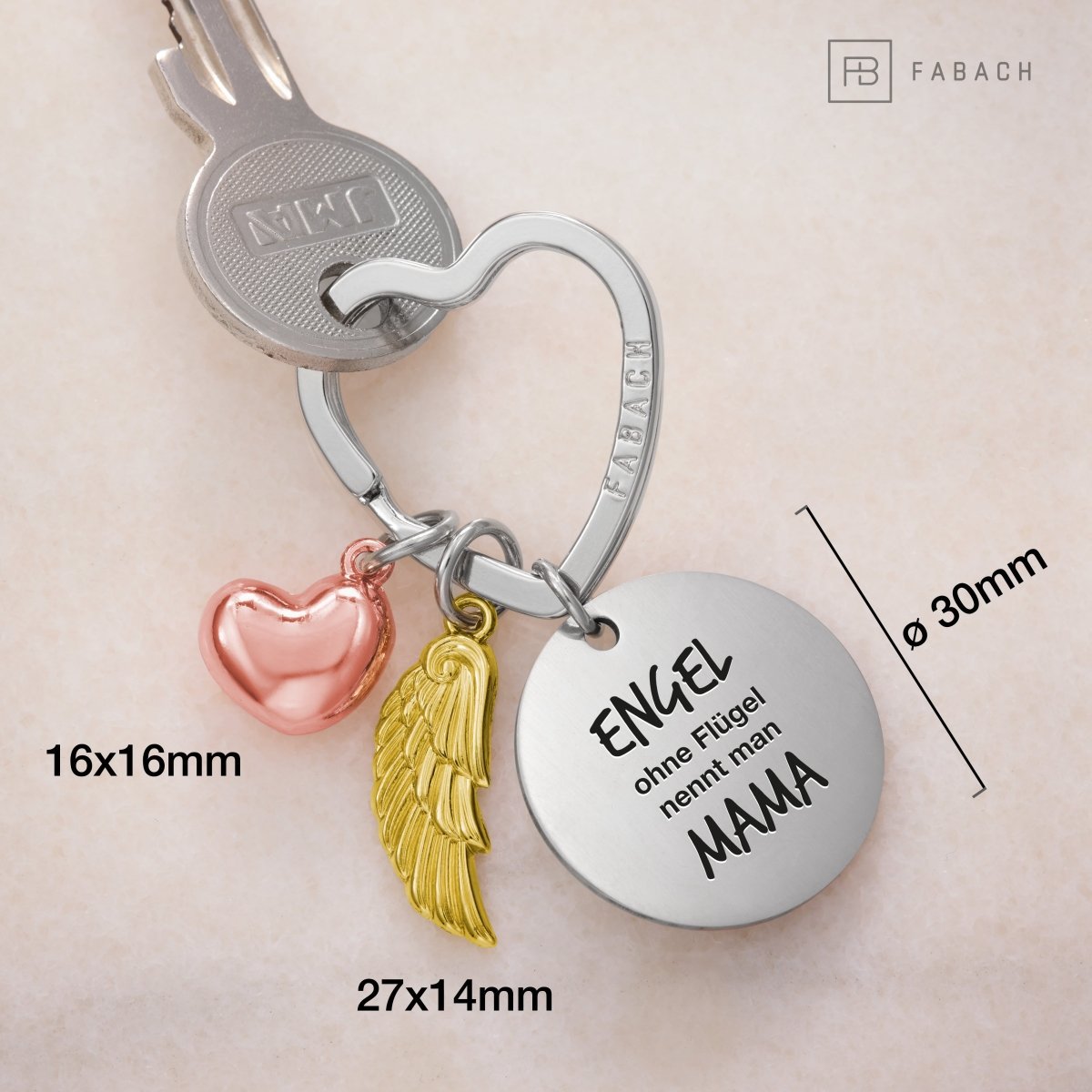 "Best Mom" ​​guardian angel keychain - angel wing heart lucky charm and engraved plate with a loving message