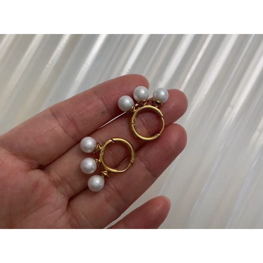 Kiril - Triple Pearl Row Gold Huggie Earrings