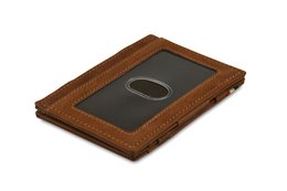 Leather wallet with ID window in a classic brown color.