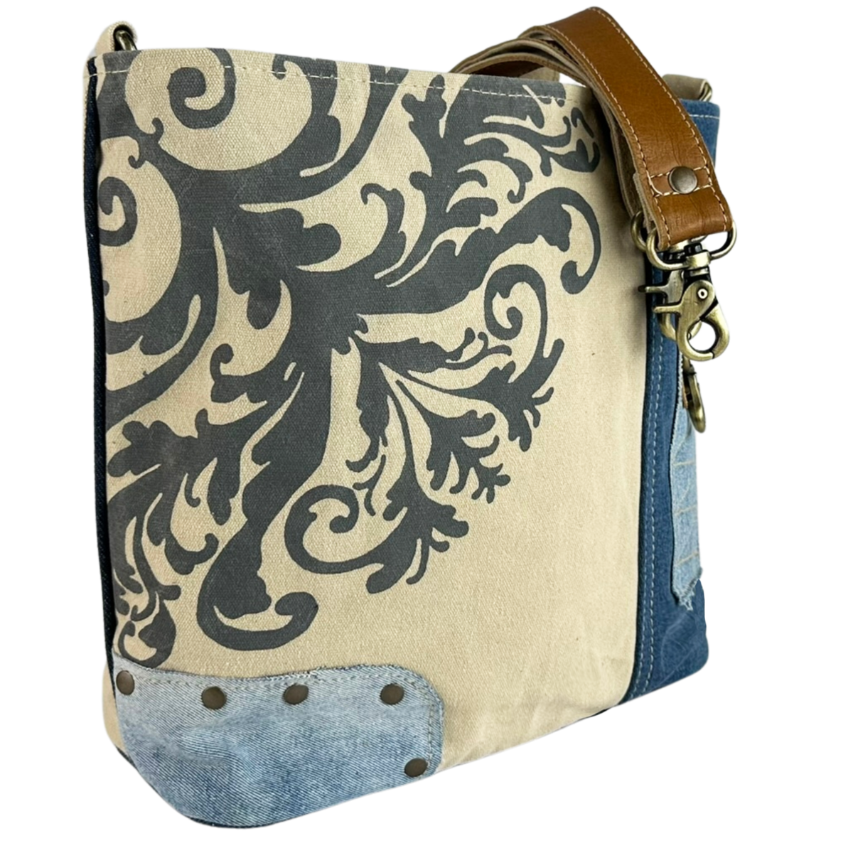 Sunsa dames schoudertas. Schoudertas gemaakt van upcycled jeans en canvas. Handtas vintage retro-stijl. Crossbodytas voor dames met print