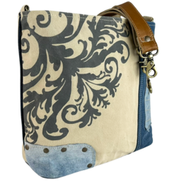 Sunsa dames schoudertas. Schoudertas gemaakt van upcycled jeans en canvas. Handtas vintage retro-stijl. Crossbodytas voor dames met print