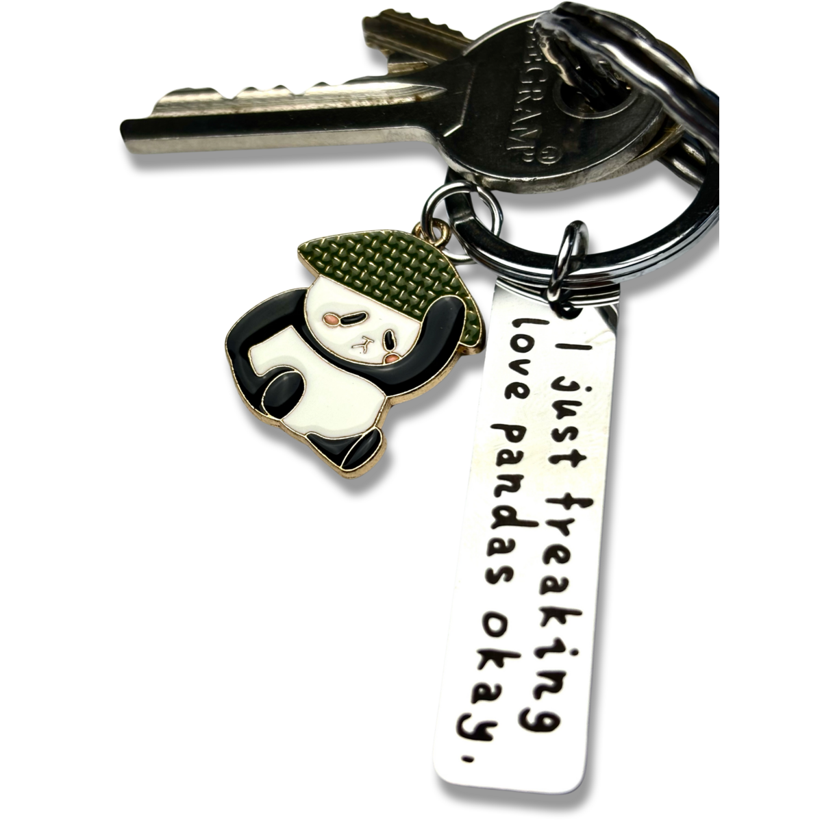 Metall-Schlüsselanhänger „I Just Freaking Love Pandas“