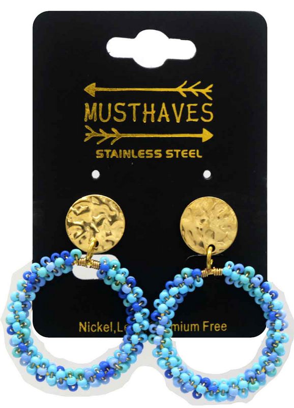 H-D2.2 E221-472 No.6 S. Steel Glassbeads Earrings 4x3cm Blue