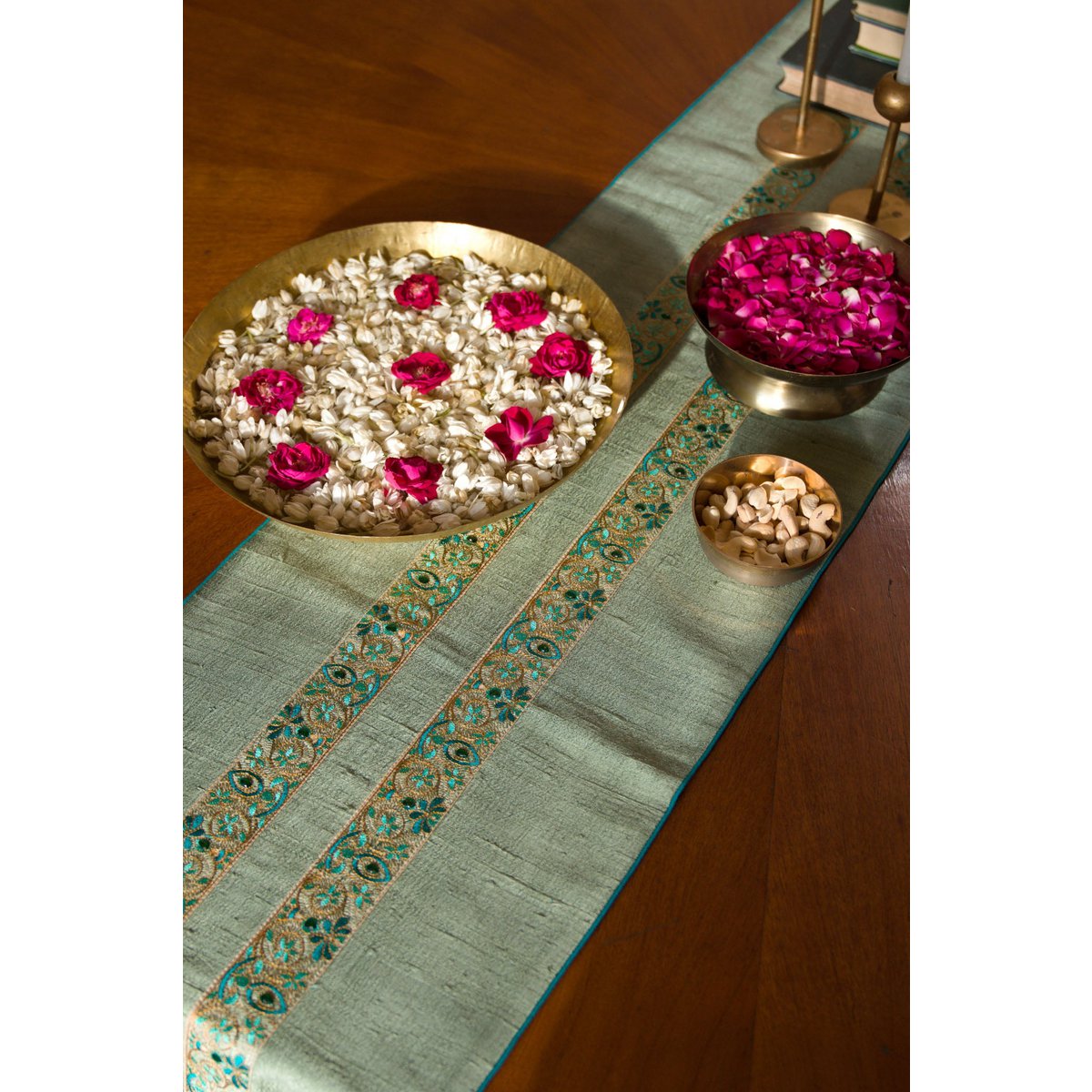Hand-Embroidered Dupion Silk Table Runner - With Beadwork & Silk Piping