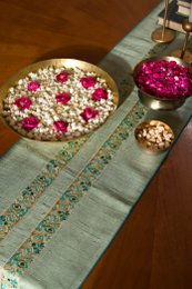 Hand-Embroidered Dupion Silk Table Runner - With Beadwork & Silk Piping