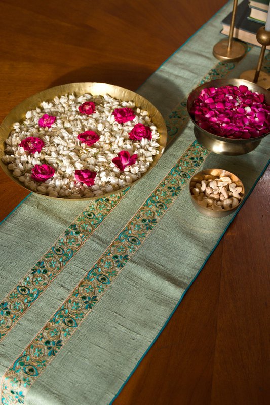 Hand-Embroidered Dupion Silk Table Runner - With Beadwork & Silk Piping
