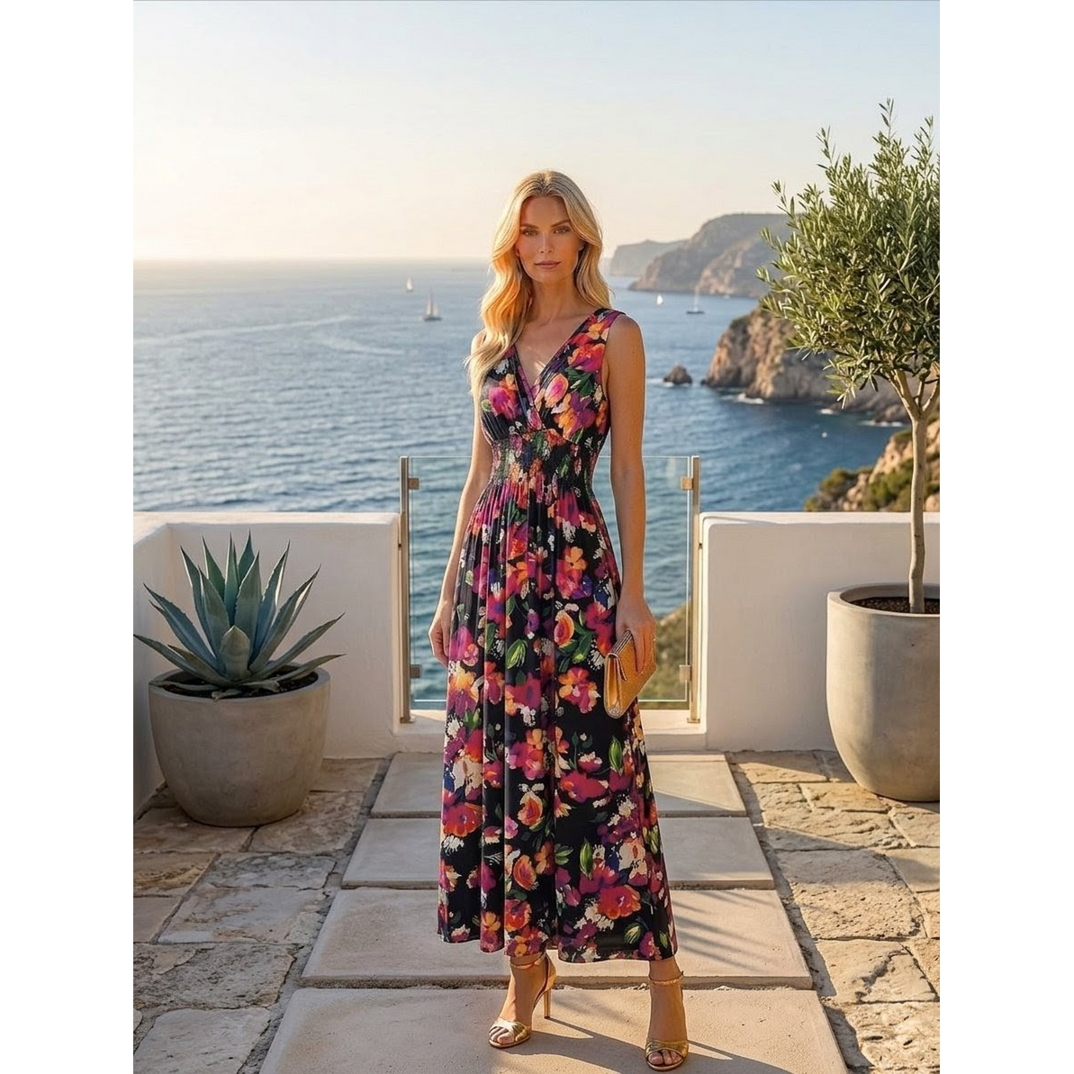 Sukienka maxi „Solar Garden” – kopertowy krój i wysoki stan – 602-58