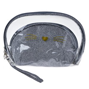 Kulturbeutel Damen 2er-Set 24x15 / 19x12 cm Silberfarbenes Polyurethan Cat