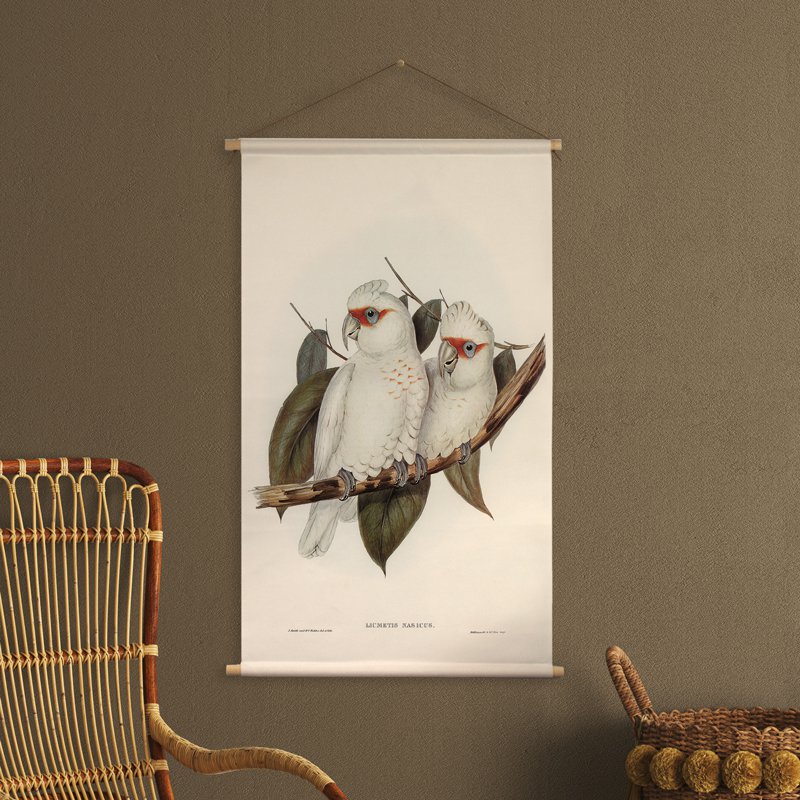 Plakat tekstylny ze skórzanym sznurkiem - Ilustracja kakadu czubata - tkanina ścienna