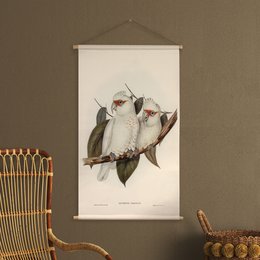 Tekstilplakat med lædersnor - Illustration crested kakadue - vægdug