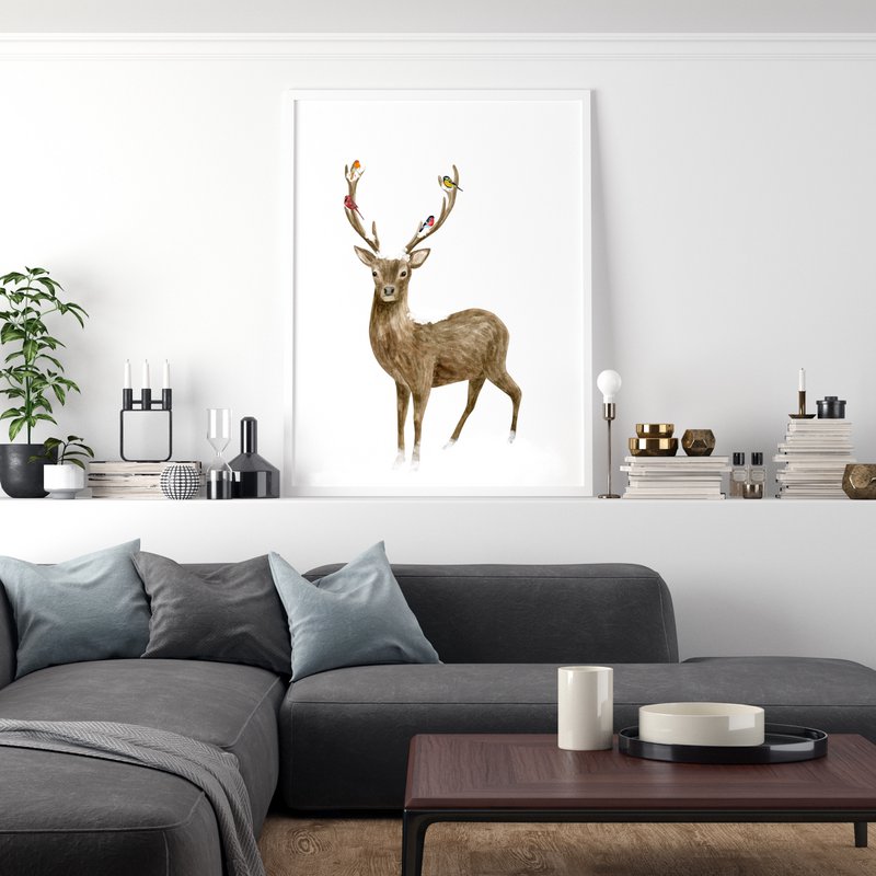 Deer and birds poster, botanical Christmas poster, deer poster, Christmas print, reindeer Christmas decor, Christmas poster