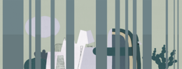 Striped green and white wallpaper with abstract geometric shapes, suitable for a kids' room.