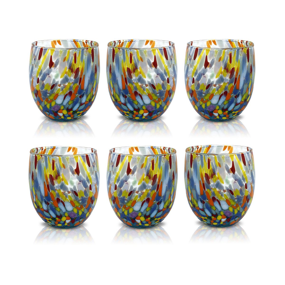 Klassieke waterglazen van handgeblazen en handgemaakt glas met Murano Murrine, lijn “I Colori di Murano”, 320 ml. Gemaakt in Italië