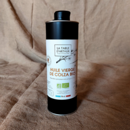 100% organic virgin rapeseed oil, 75cl bottle, cold-pressed, high in omega-3 and vitamin E, suitable for cooking and dressings.