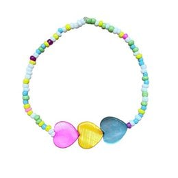 Colorful handmade bracelet with pastel-colored heart-shaped beads, made in Nepal.