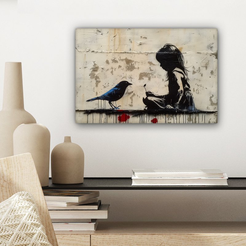 Canvas schilderij - Wanddecoratie Meisje - Street art - Vogel - Abstract - Graffiti - Modern - Muurdecoratie woonkamer - Kamer decoratie modern - Abstracte schilderijen