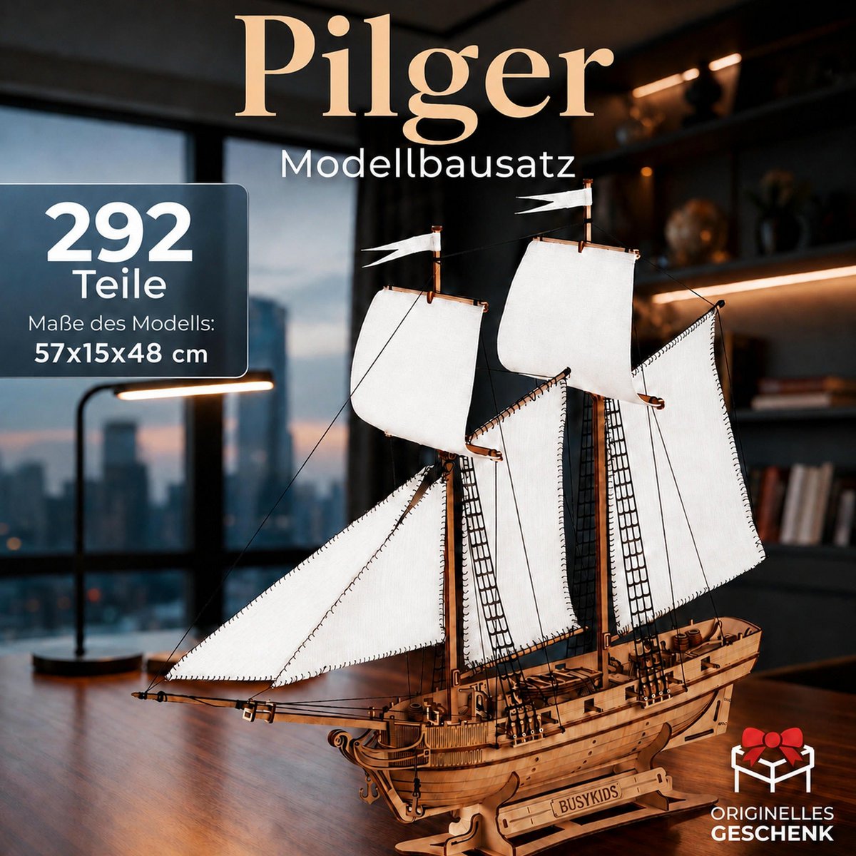 Schoner aus Holz zum Bauen Pilger – 3D-Holzpuzzle 292 Teile, Schiffsmodell mit Segeln und Takelage, Modellbausatz ab 12 Jahren