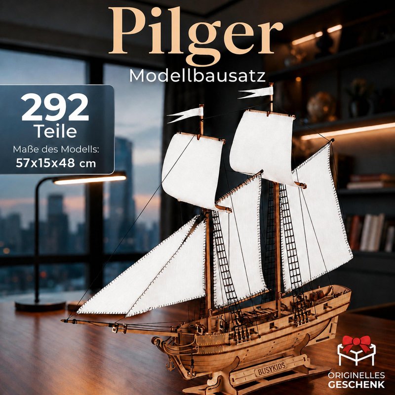 Schoner aus Holz zum Bauen Pilger – 3D-Holzpuzzle 292 Teile, Schiffsmodell mit Segeln und Takelage, Modellbausatz ab 12 Jahren