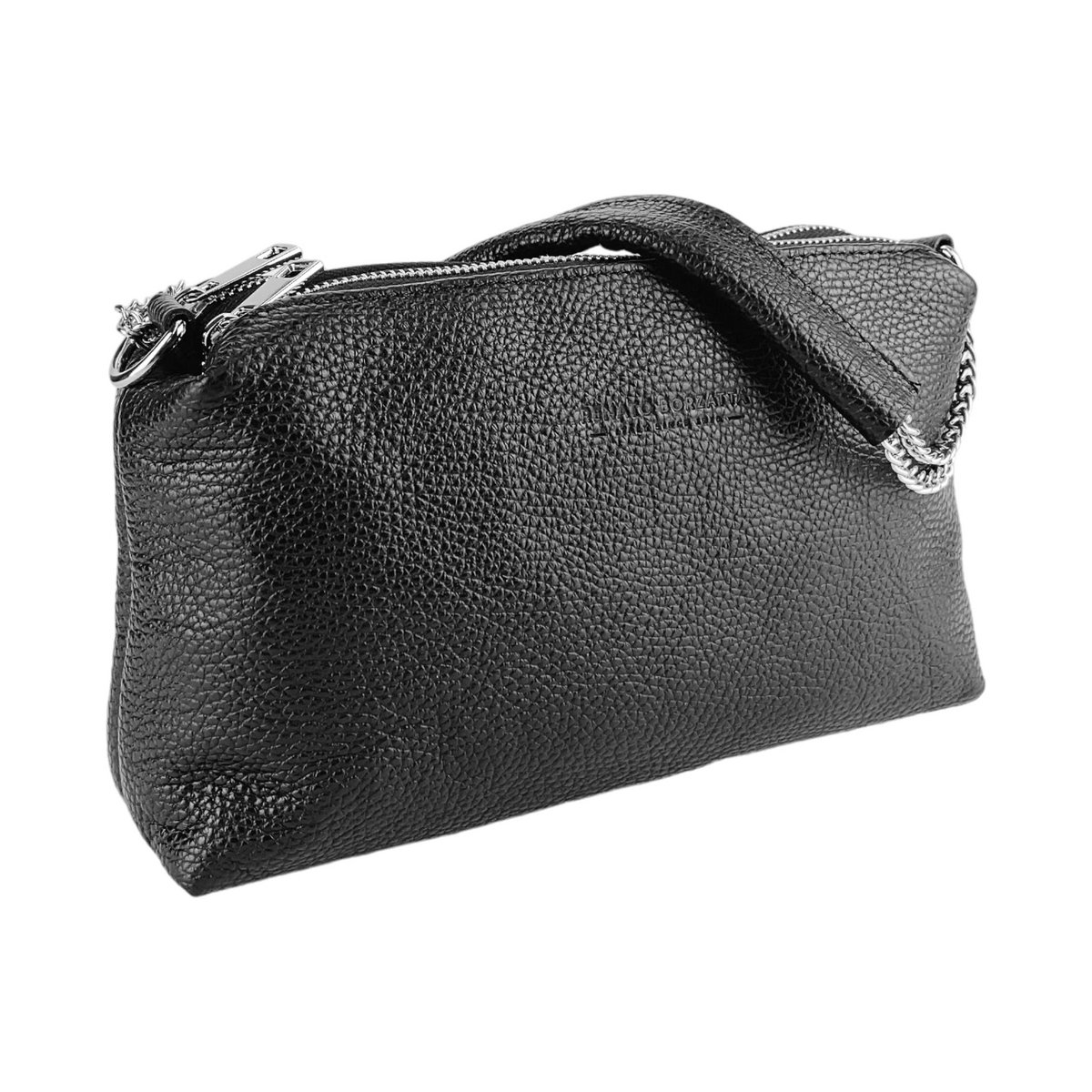RB1025A | Damehåndtaske med dobbelt lynlås i ægte læder Fremstillet i Italien. Justerbar læder skulderrem. Poleret nikkel tilbehør - Sort farve - Mål: 26 x 14 x 9 cm