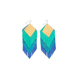  Turquoise blue and yellow leather earrings with fringes, featuring a geometric chevron design. These statement earrings have a bold, modern style.