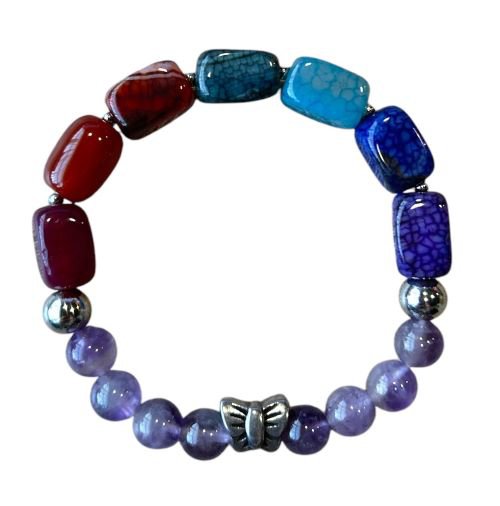 Women's bracelet Rainbow Agate with stainless steel butterfly bead