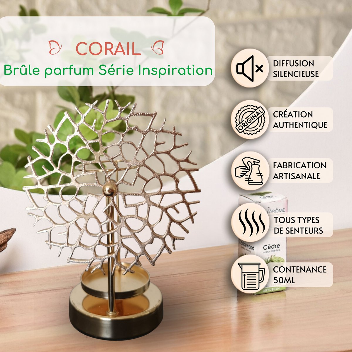Inspiration Series Perfume Burner – Coral – Scented Waxes Heater – Interior Perfume Diffuser – Metal Pattern Candle Holder – Original and Decorative