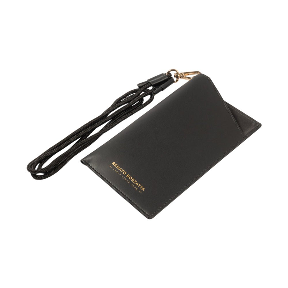 RB1087A | Brillen-/Smartphone-Halter mit Schultergurt, hergestellt in Italien aus echtem, glattem, mattem Leder. Schwarze Farbe