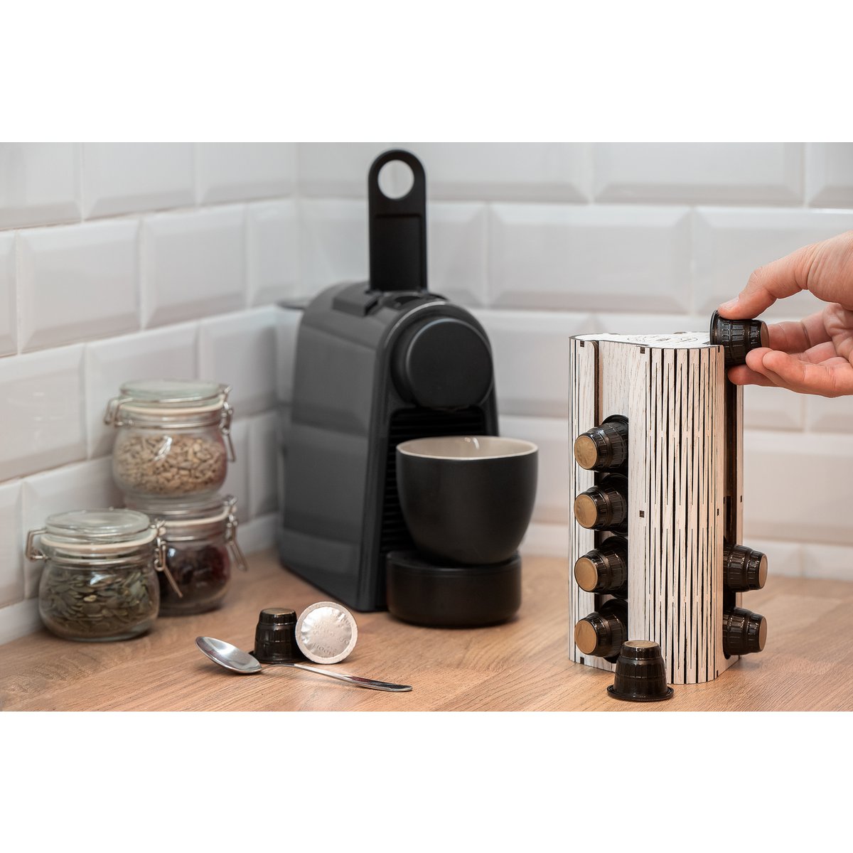 Krea-Wood handgemaakte koffiecapsulehouder voor Nespresso-compatibele capsules, in vintage witte kleur