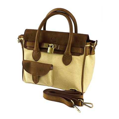 K0042ALCB | Mini-Handtasche aus Canvas/echtem Leder, hergestellt in Italien. Abnehmbarer Schultergurt. Befestigungen mit Karabinerhaken aus Metall in Antikmessing – Seilfarbe – Maße: 24 x 20 x 12 cm