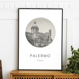 Minimalist black and white travel poster featuring the iconic architecture of Palermo, Italy. The circular design highlights the city's historic buildings and domes, capturing the essence of this Italian destination.